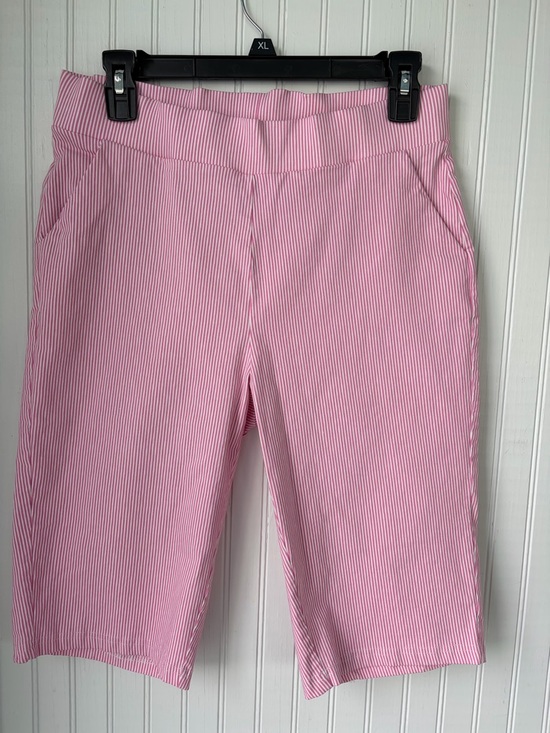 Donna Moore Pants - Donna Moore (L) Comfort Stretch Pink Seersucker Bermuda Pull-On Stretch Shorts
